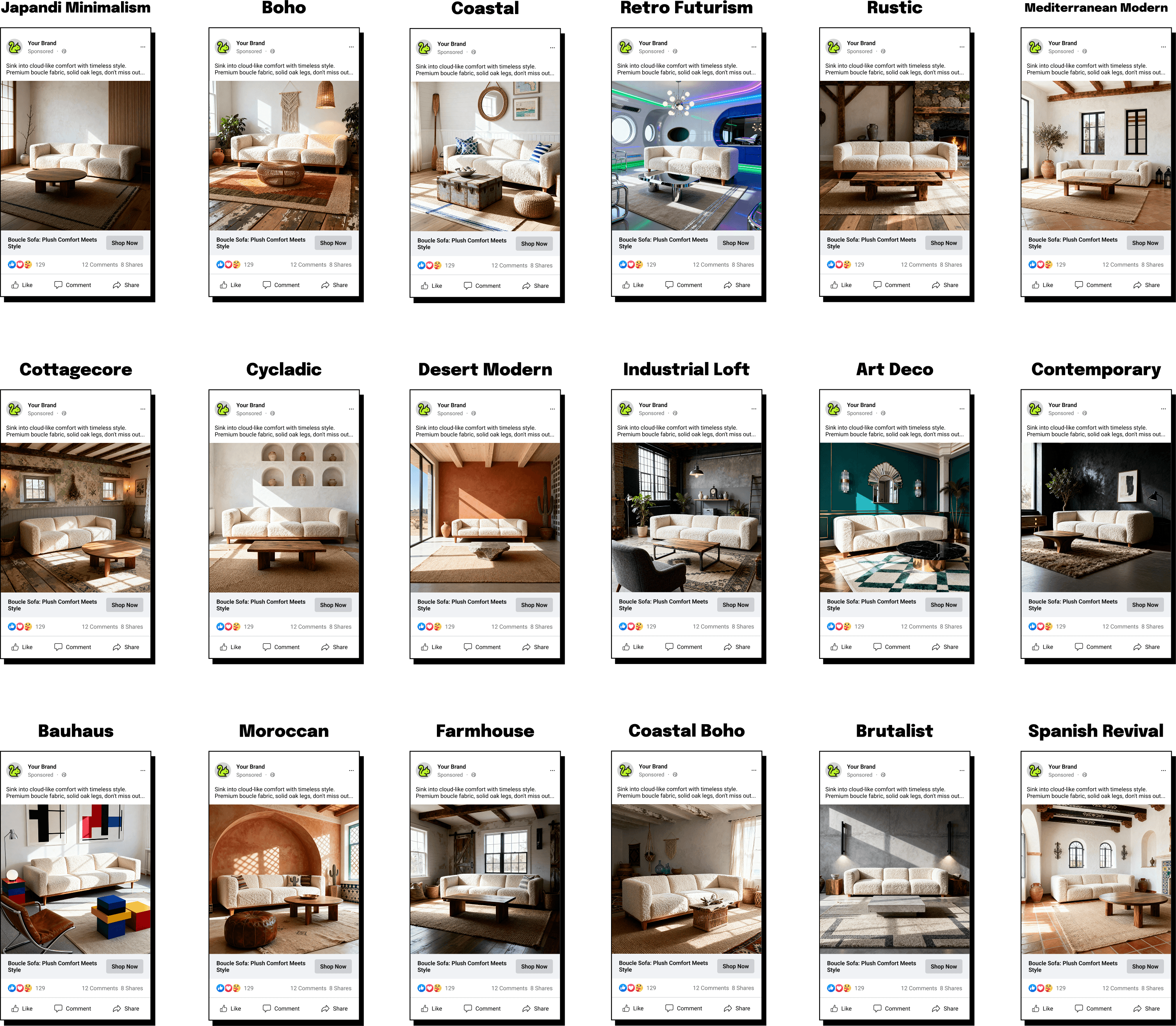 Create ads interface showing multiple interior design styles